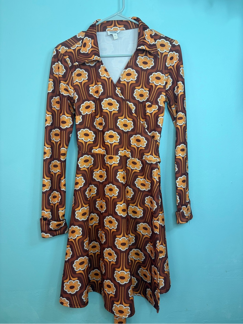 Unique Vintage Brown and Orange Floral Wrap-Style Dress 70s style